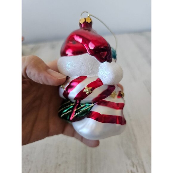 Glass snowman present peppermint red glitter ornament Xmas tree - Picture 8 of 10